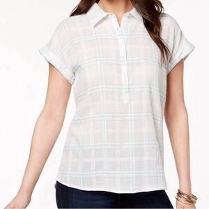 Style & Co Women's Deck Mint Short Rolled Sleeve Button Shirt Size L